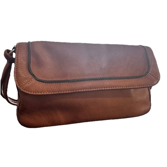 Vintage FOSSIL Cognac Leather Y2K Rare Shoulder Bag Purse With Key - Picture 1 of 6